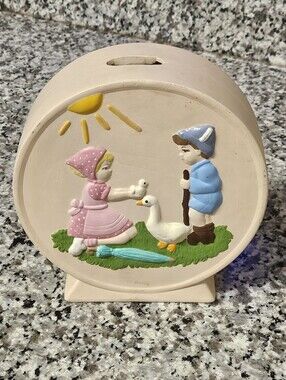 Vintage 1977 Double Sided Holland Mold Circular Coin Piggy Bank Kids And Goose